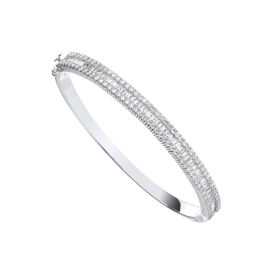 18ct White Gold Baguette and Round Brilliant Diamond Bangle - Gem-imas Diamond Jewellery