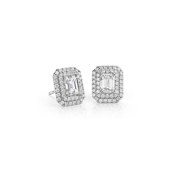 Emerald Cut Double Halo Diamond Earrings - Gem-imas Diamond Jewellery